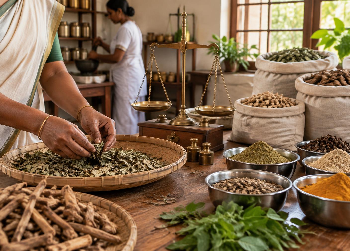 Ayurvedic herbs, mortar and pestle and classical texts used to prepare formulations